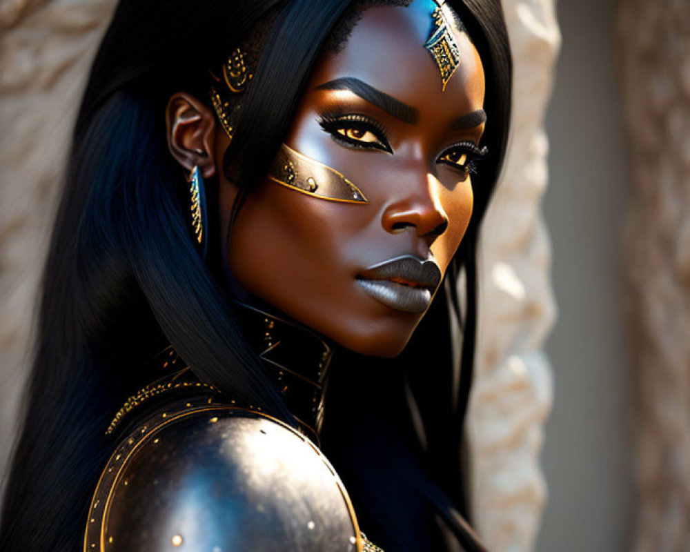 Digital artwork: Dark-skinned woman in black armor with gold trim and jewelry