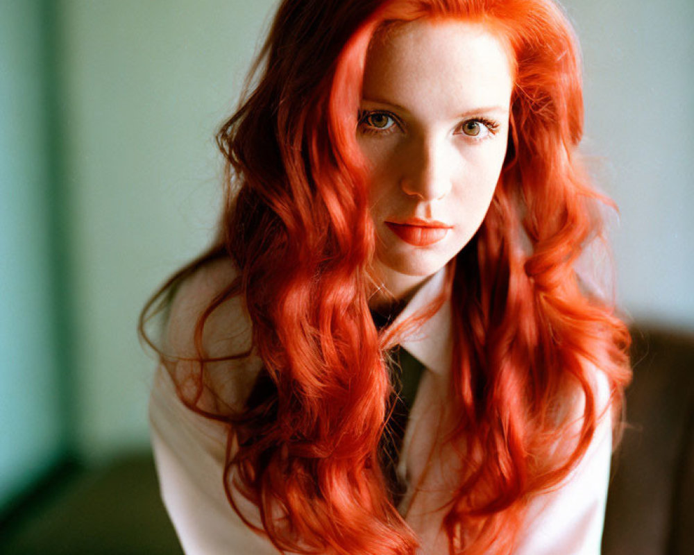 Red-haired woman in white blouse against green backdrop