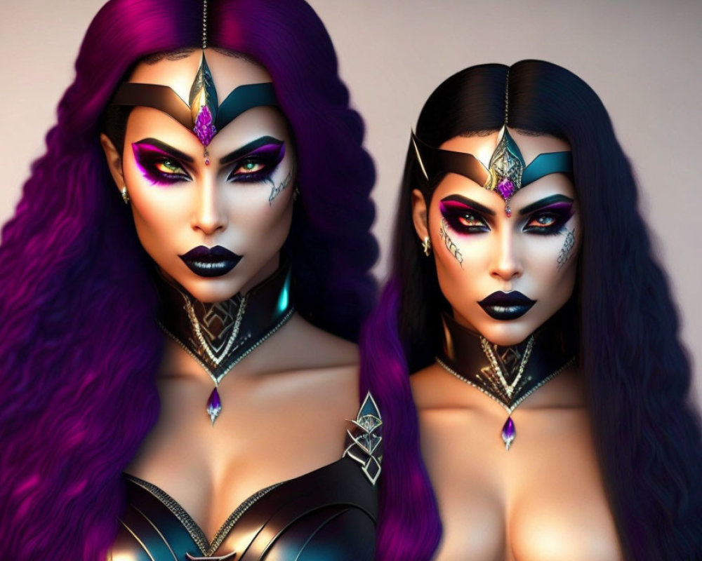 Stylized female characters with purple hair and fantasy headpieces on pink background