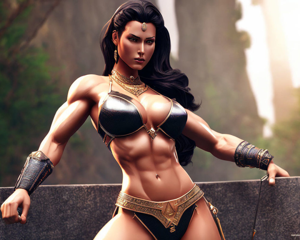 Digital artwork of female warrior in metallic bikini armor with bow