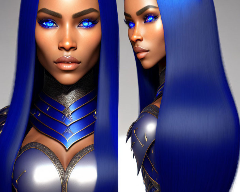 Digital Artwork: Woman with Vibrant Blue Hair and Futuristic Armor