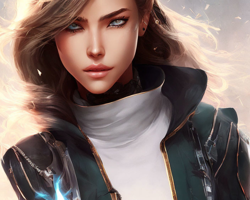 Digital artwork: Woman with blue eyes, flowing hair, and futuristic armor with glowing blue energy.