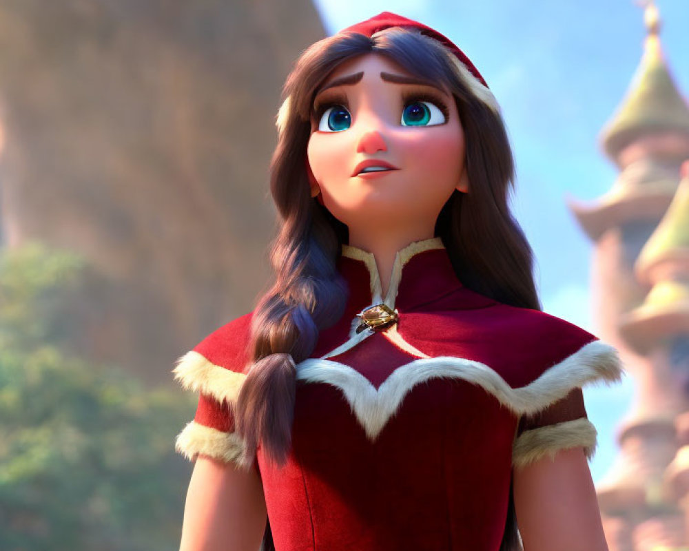 Blue-eyed animated character in red and gold dress gazing upwards.