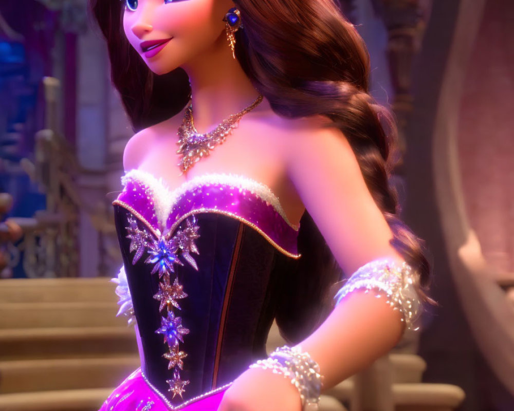 Long-haired animated character in detailed corset on purple staircase