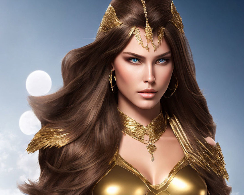 Digital artwork of a woman in golden armor against a moonlit sky