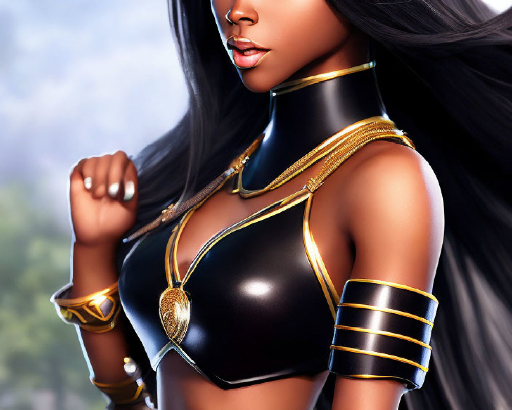 Confident Black Female Warrior in Gold-Trimmed Armor