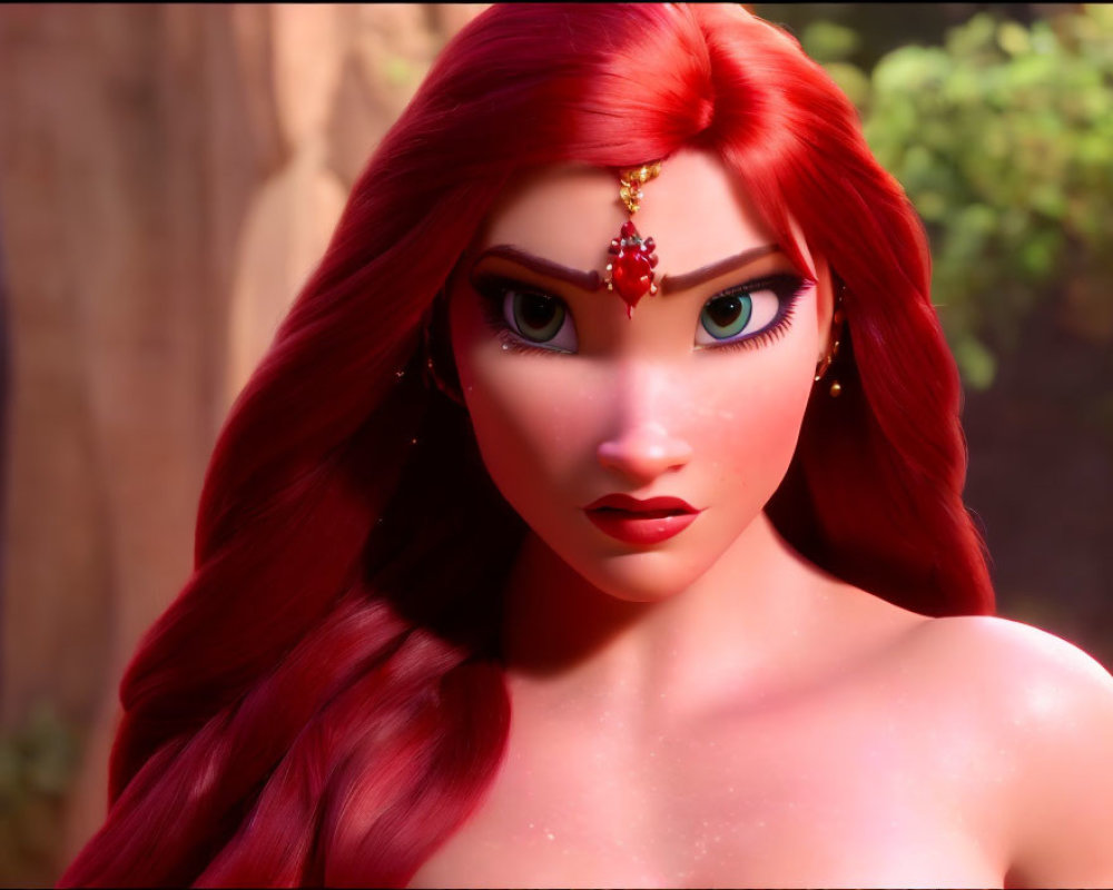 Close-up of 3D-animated female character with red hair and green eyes wearing red jewel forehead