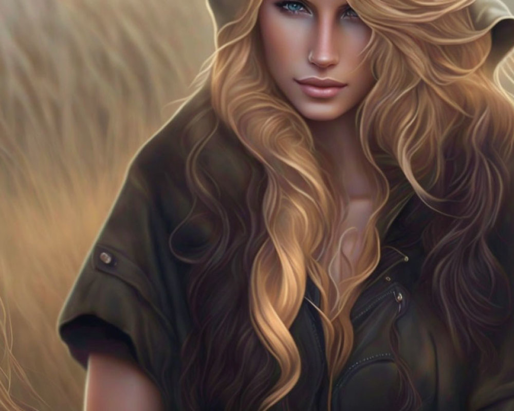 Blonde Woman with Blue Eyes in Brown Jacket Illustration