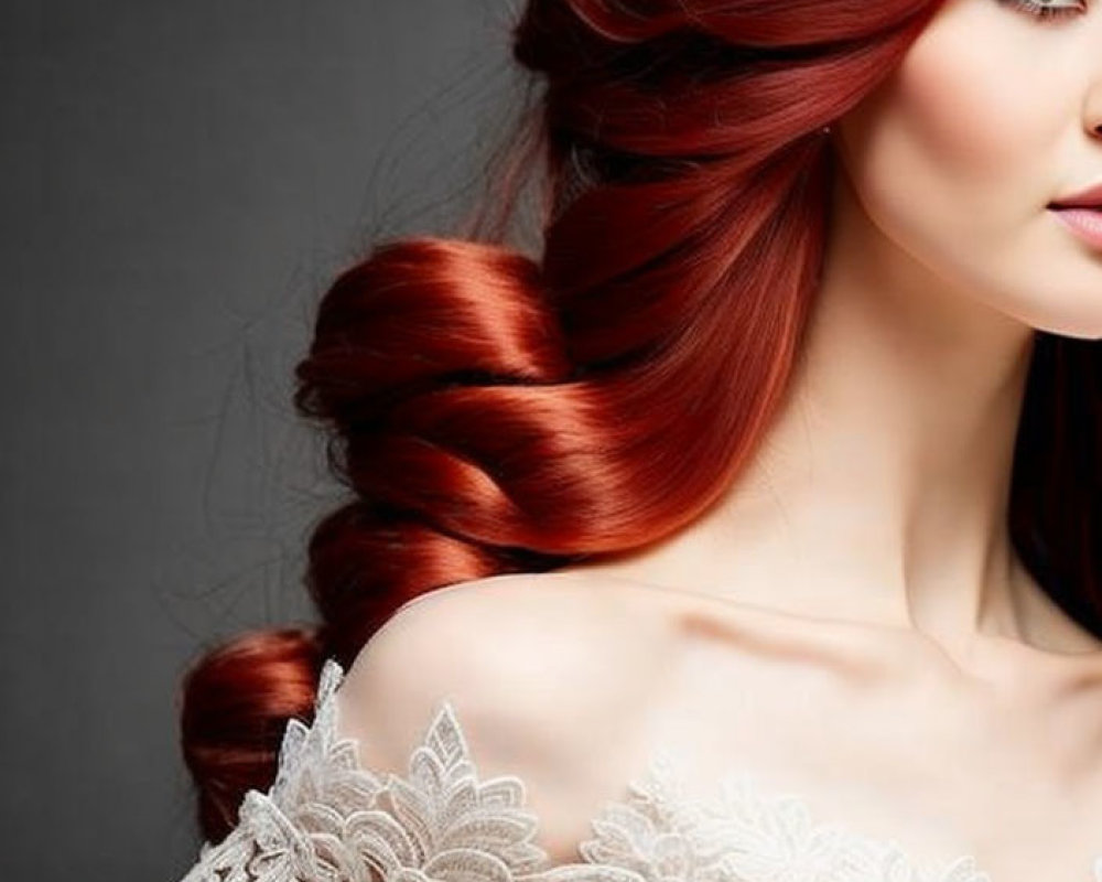 Red-haired woman in elegant side braid, wearing white lace dress with intricate shoulder design.