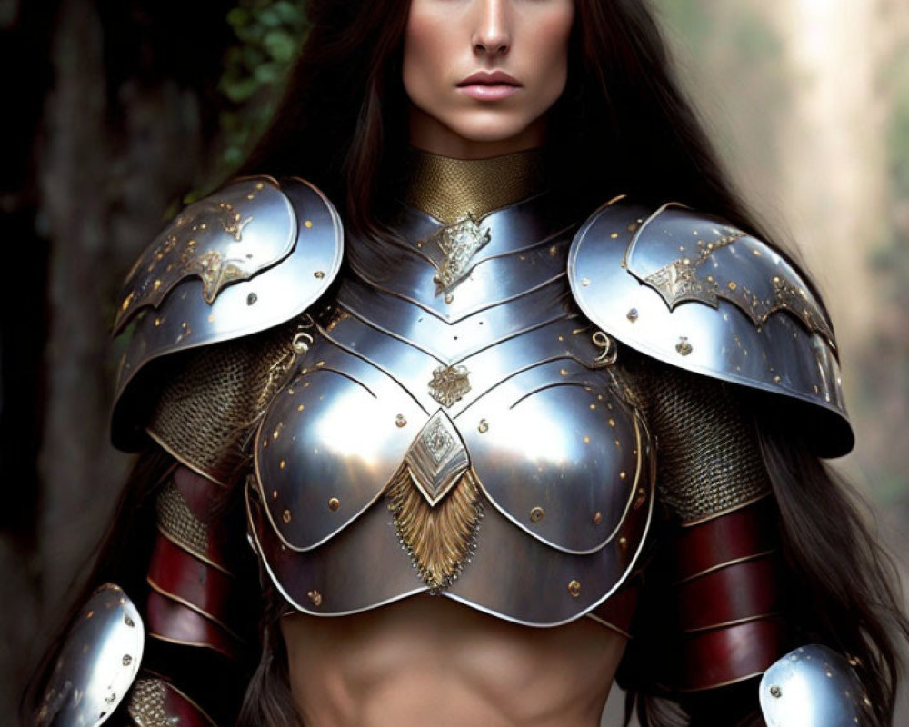 Medieval armor-clad woman with long dark hair in forest setting