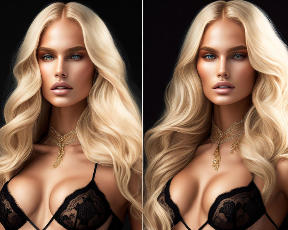 Comparison of Blonde Woman in Black Lace Lingerie Images