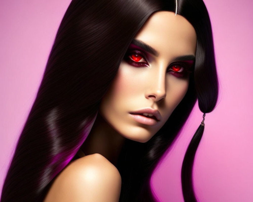 Woman with Long Dark Hair and Red Eyeshadow on Pink Background