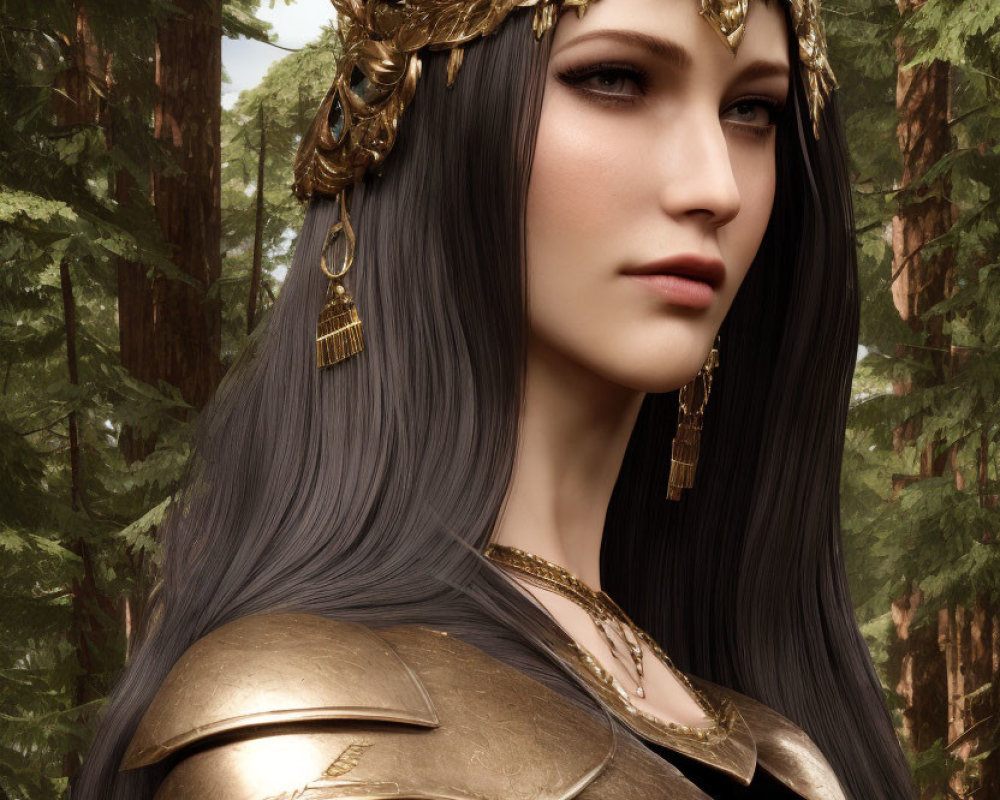 Majestic female figure in golden armor and crown before forest background