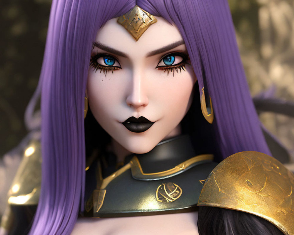 Detailed 3D female character illustration with purple hair, blue eyes, black lipstick, and golden armor