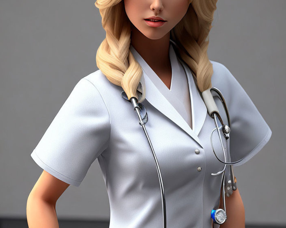 Blonde Nurse in White Uniform with Stethoscope on Grey Background