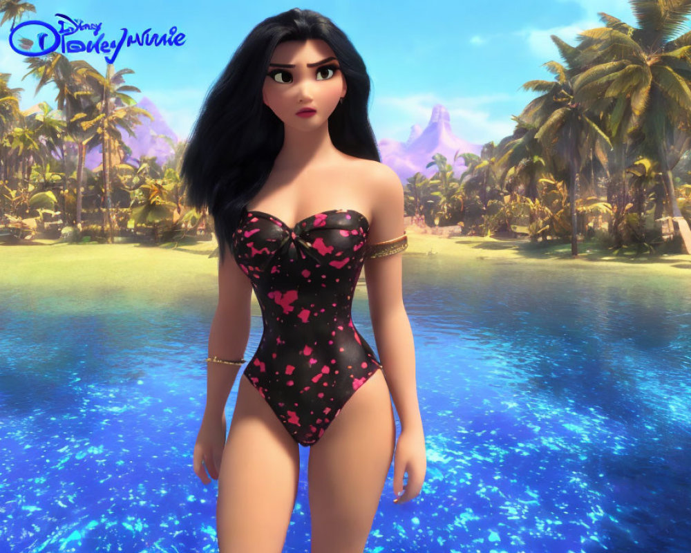 3D animated female character in heart swimsuit on tropical beach