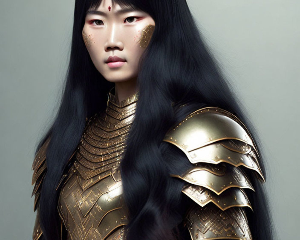 Long Black Hair Person in Ornate Golden Armor with Unique Gold Facial Makeup