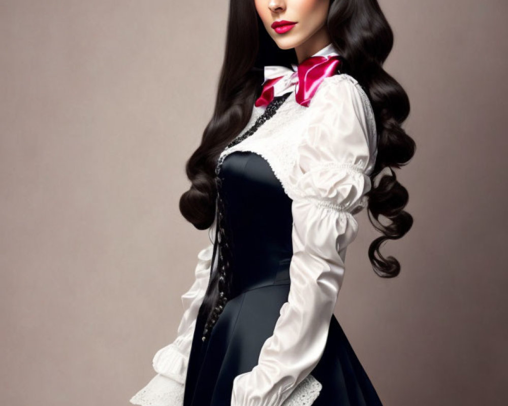 Woman in Navy Lolita Fashion with Long Curly Hair