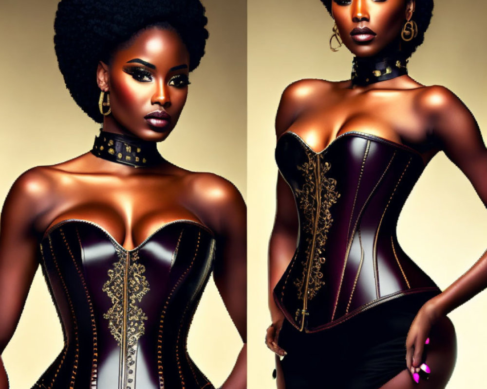 Digital artwork: Woman with afro in gold-accented corset on golden backdrop