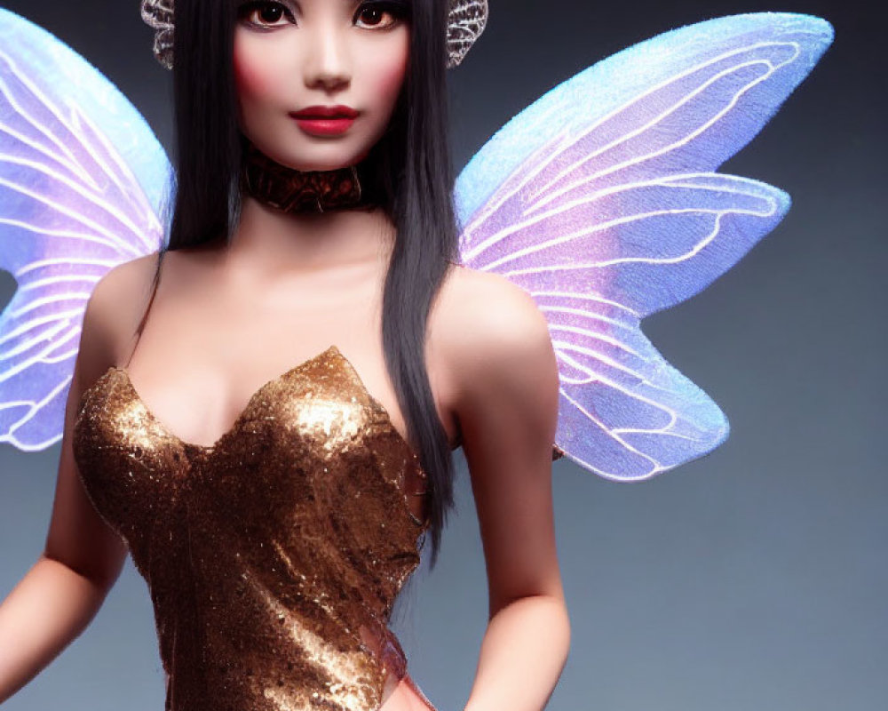 Fantasy-themed doll with dark hair, elf-like ears, golden top, and iridescent wings