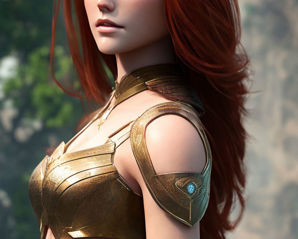 Digital Artwork: Female Character with Red Hair, Blue Eyes, Gold Armor Breastplate