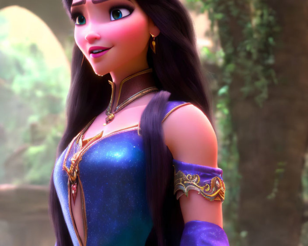 Long-haired animated character in blue and purple medieval dress in forest setting