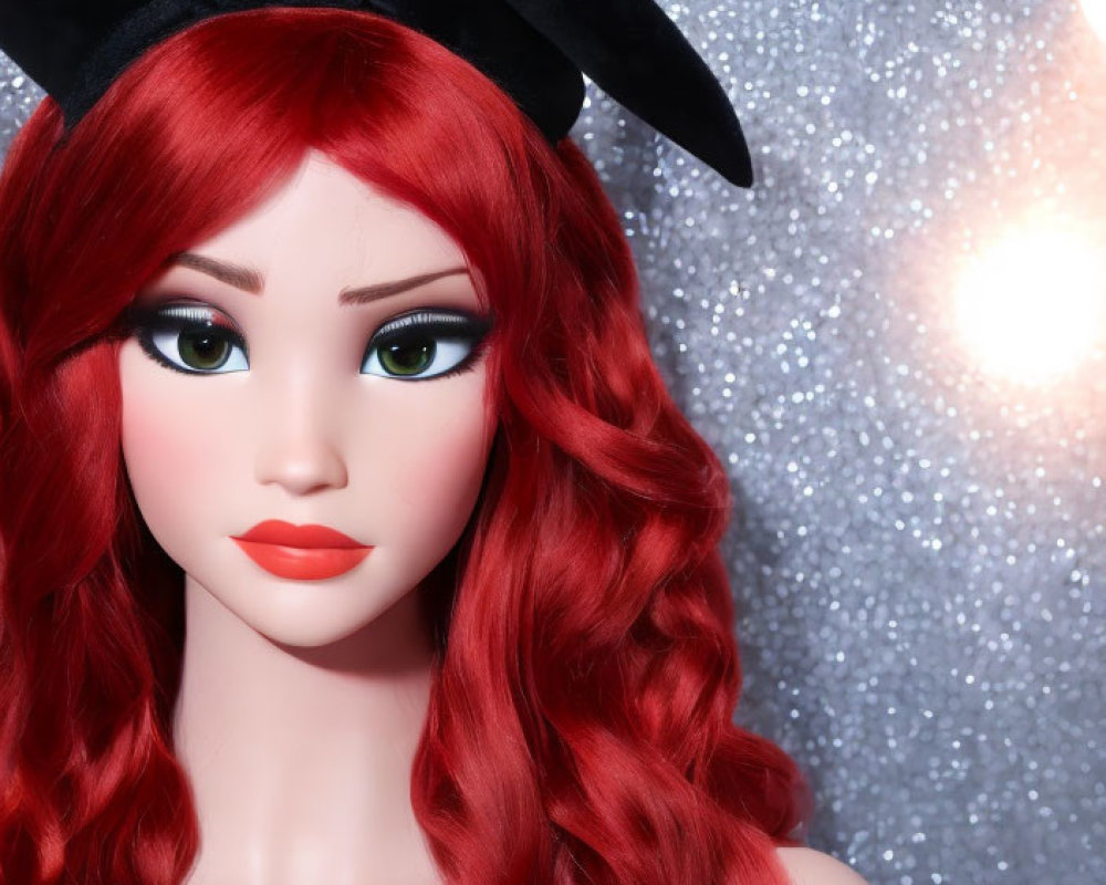 Mannequin with red hair and black bow on silver background