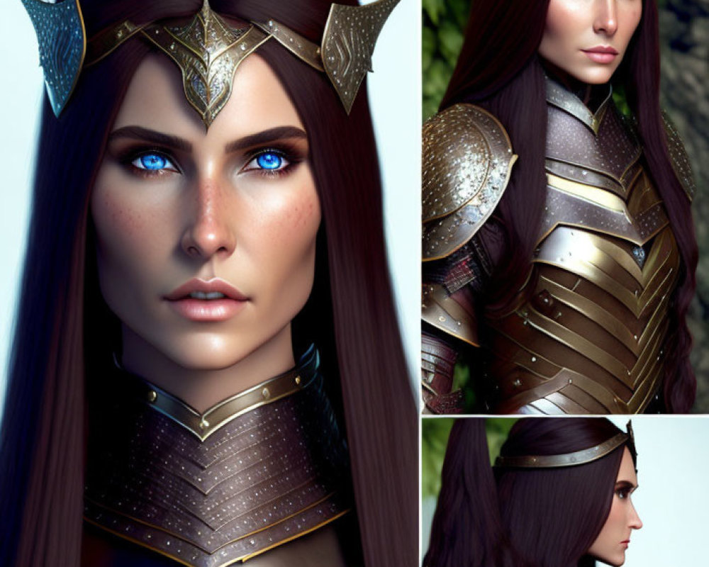 Female warrior digital artwork collage with blue eyes and golden armor