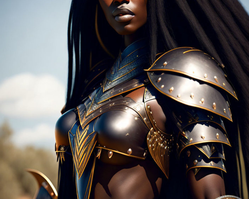 Dark-skinned warrior woman in golden and black armor gazes intently