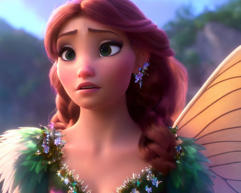 Character with expressive eyes, braid, wings, and leafy outfit in concern