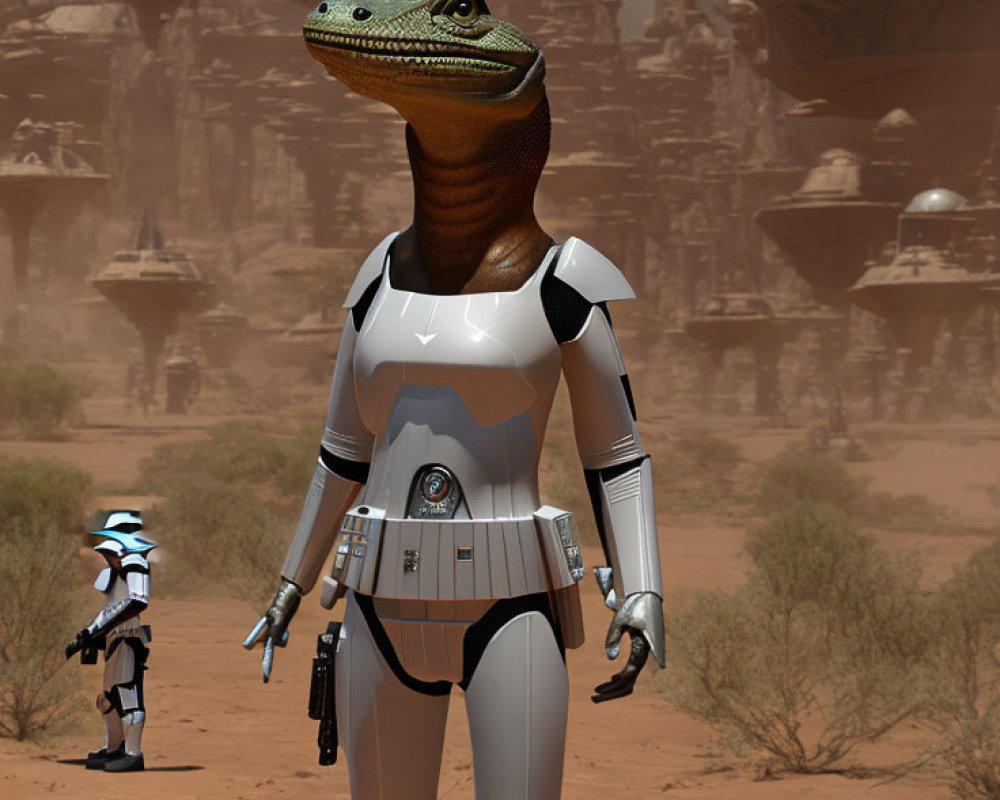 Lizard-like humanoid in futuristic white armor in desert landscape