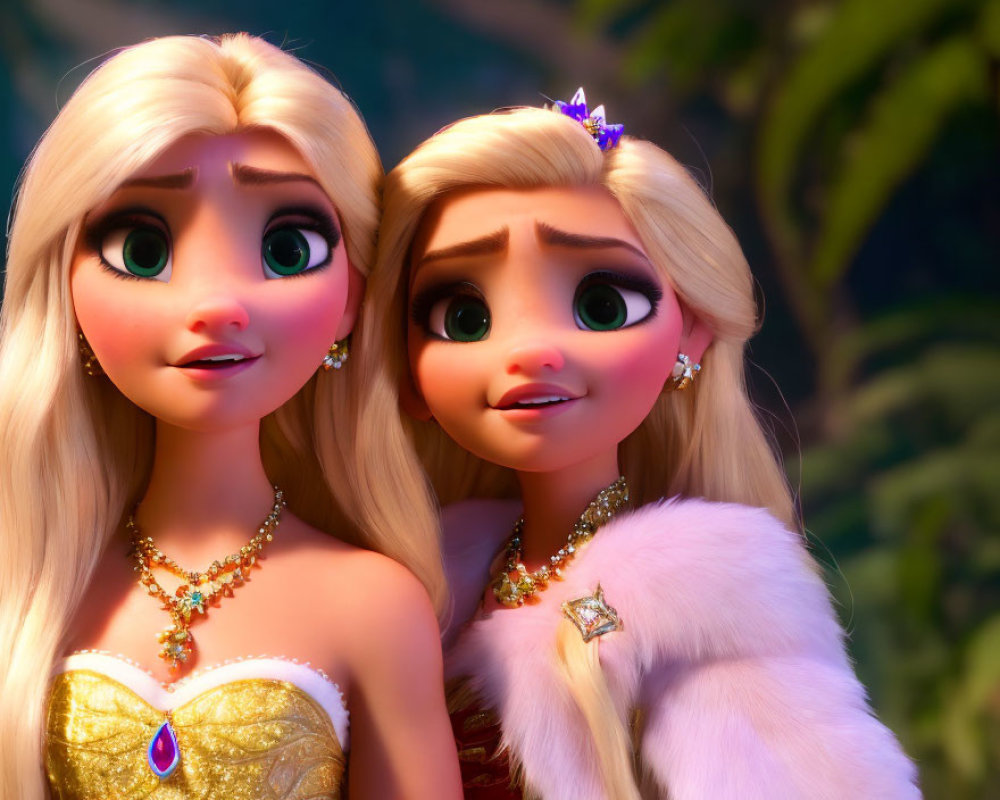 Two animated female characters in elegant attire, with big eyes and expressive faces