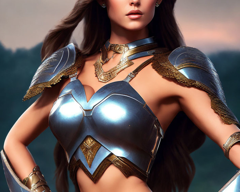 Female warrior in fantasy armor with gold trim gazing forward against dusky sky