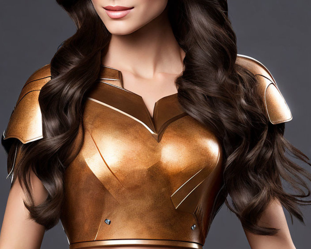 Long Wavy Hair Woman in Gold Chest Armor and Blue Eye Makeup