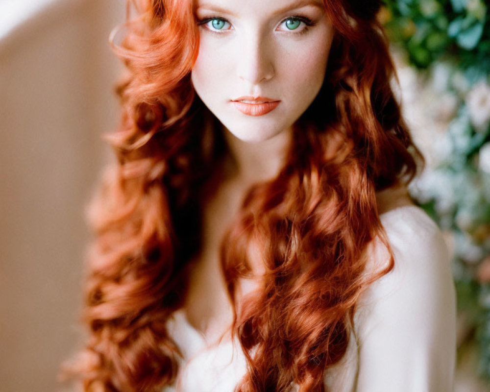 Portrait of a person with long curly red hair and striking blue eyes