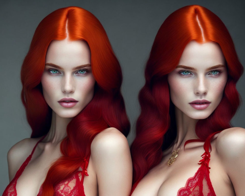 Striking Red Hair Women in Red Lace Garments Mirror Each Other