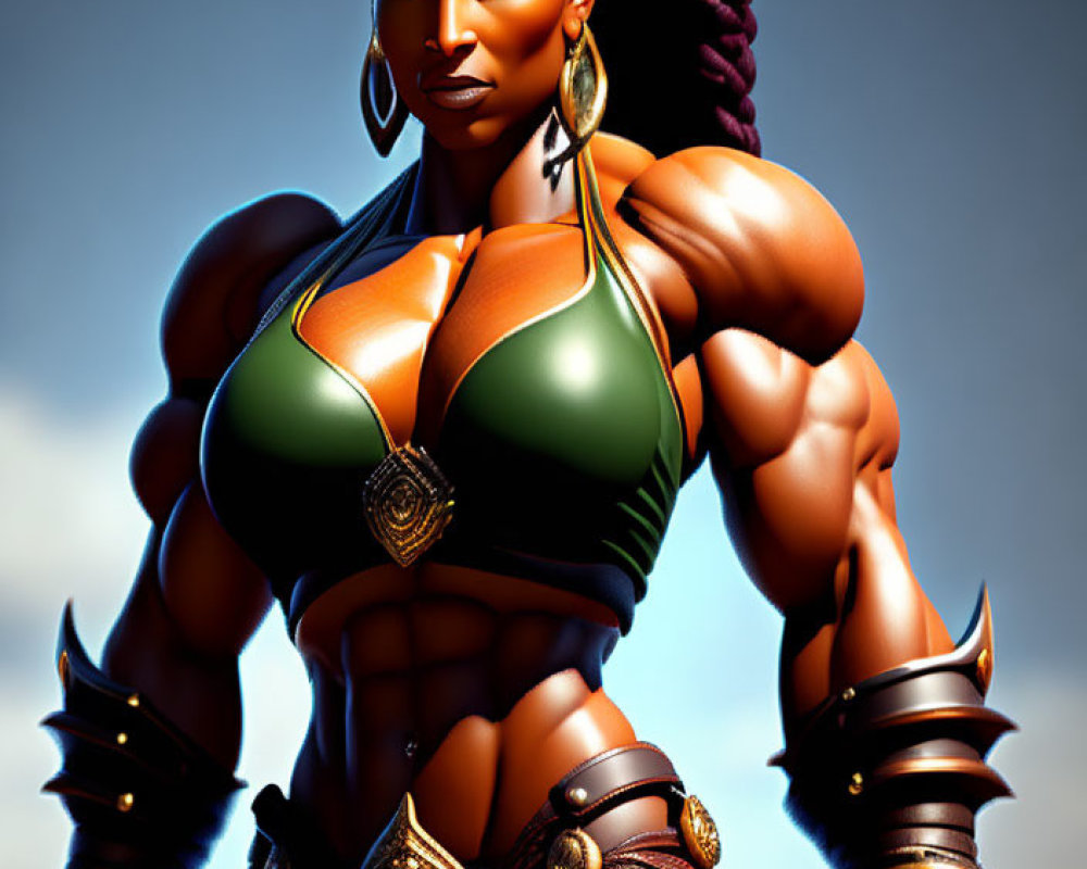 Muscular woman in fantasy armor with braided hair against blue sky