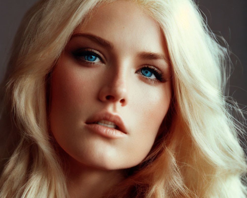 Blonde woman portrait with blue eyes and soft gaze