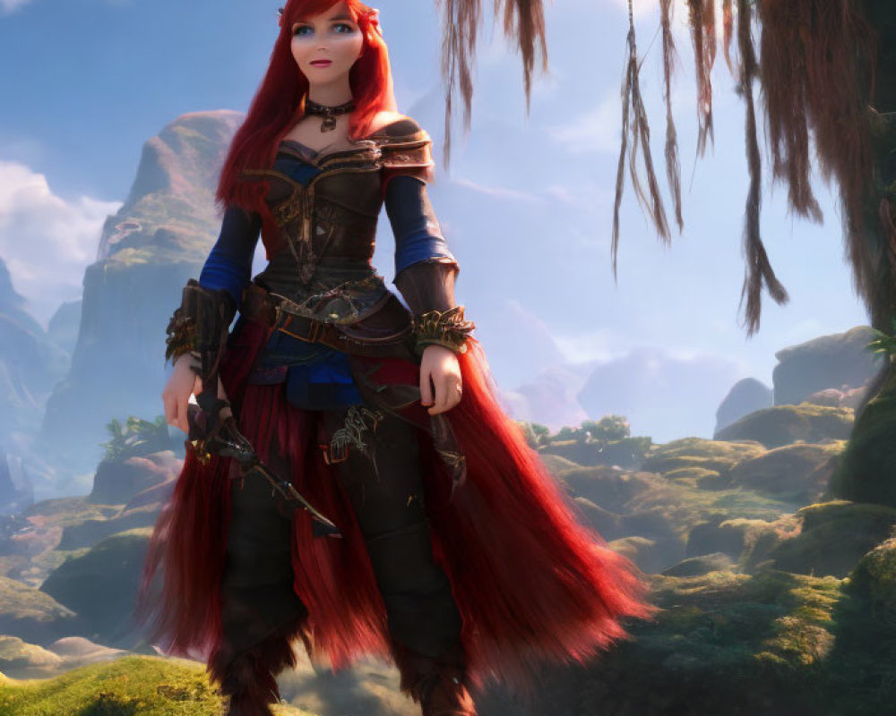 Red-haired female warrior in blue and red armor on lush green terrain