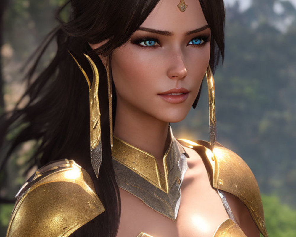 Female fantasy character: 3D illustration with blue eyes, brown hair, golden armor