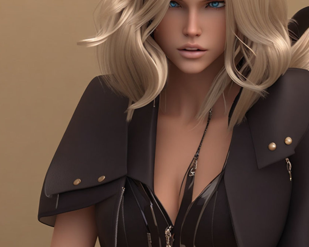 Blonde Woman in 3D Render with Blue Eyes and Dark Jacket