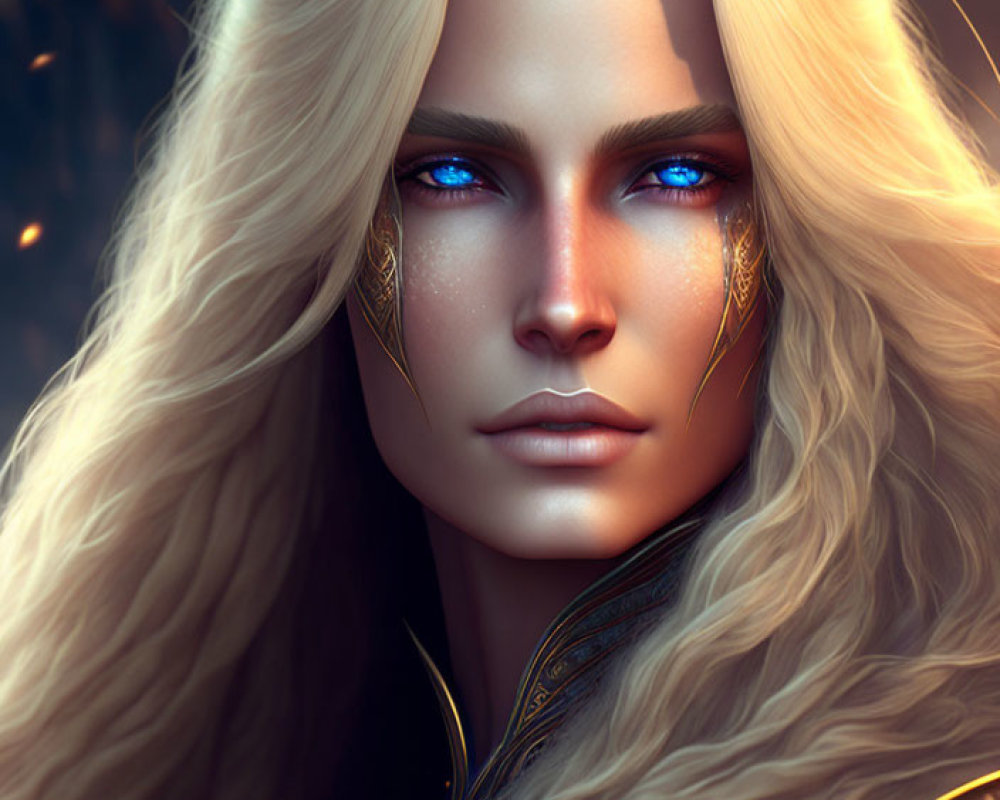 Character with Long Blond Hair, Blue Eyes, & Golden Face Tattoos