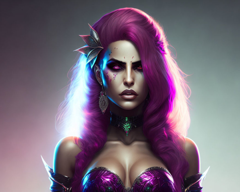 Futuristic digital portrait of female with purple hair and neon accents