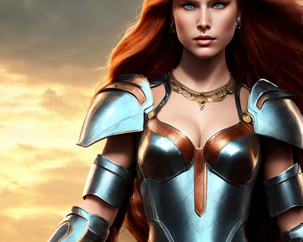 Red-Haired Animated Warrior Woman in Silver and Blue Armor at Sunset