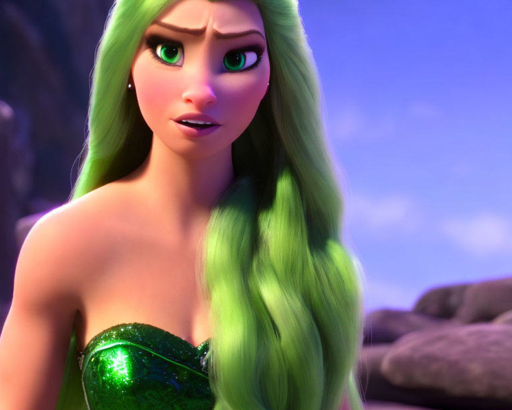 Green-haired animated character in green dress, with green eyes, looking concerned