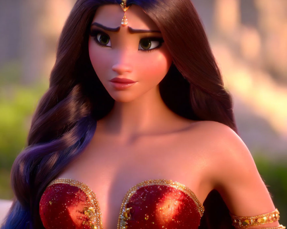 Long Wavy Hair, Expressive Eyes, Bejeweled Outfit: Animated Character Description