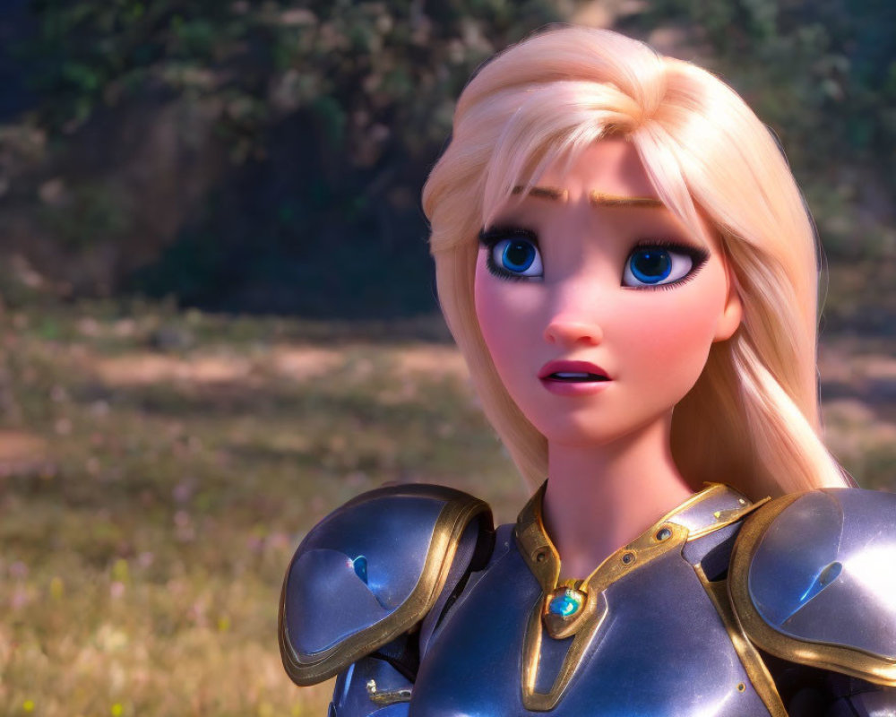 Blonde Female 3D Character in Armor with Blue Eyes in Forest Setting