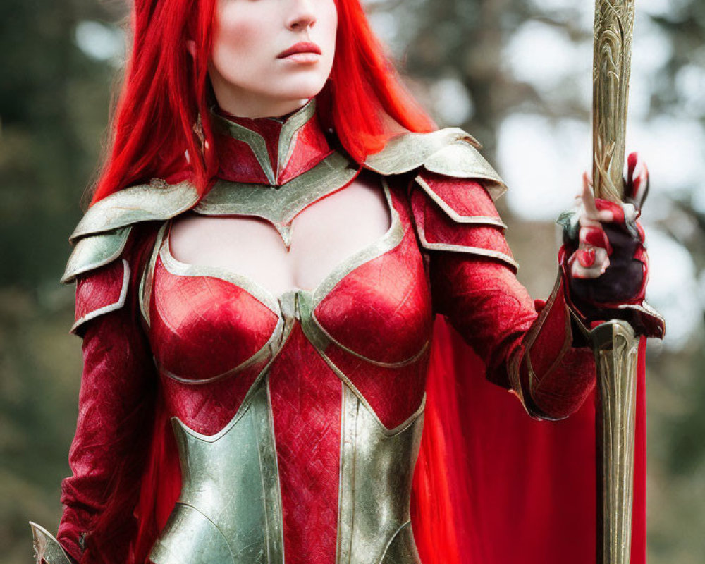 Red-haired woman in fantasy armor with staff against natural backdrop