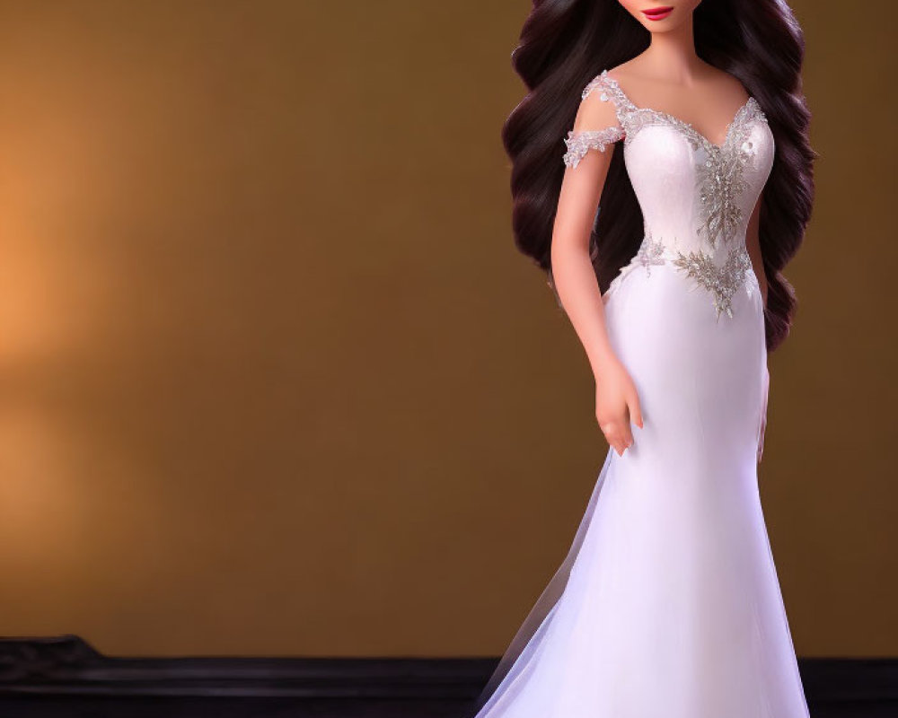 Long Brown Hair Doll in White Bridal Gown with Tiara on Golden Background