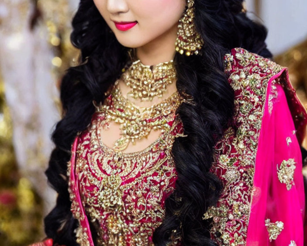 Elaborate Traditional South Asian Bridal Outfit with Gold Jewelry